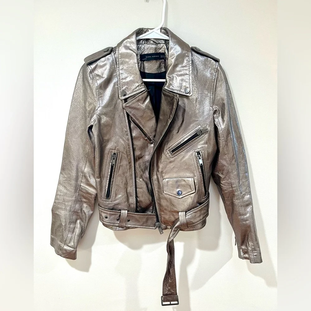 ZARA Genuine Leather Gunmetal Moto Jacket size XS